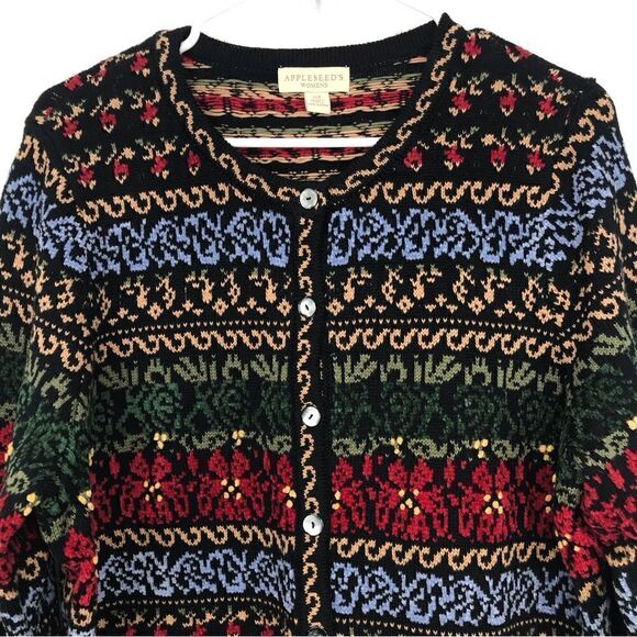 Appleseed’s Black Colorful Pattern Nordic Knit Button Up Cardigan Sweater - Picture 3 of 12